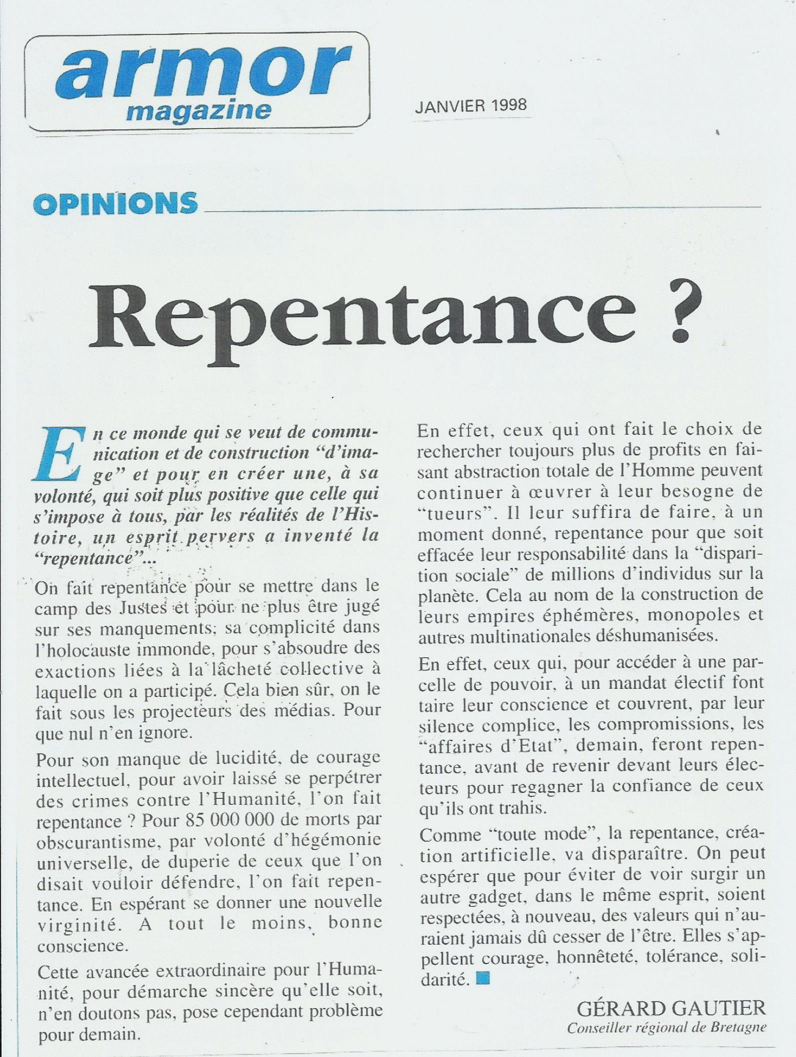 BCE Démocratie 1998 Armor Magazine Repentance