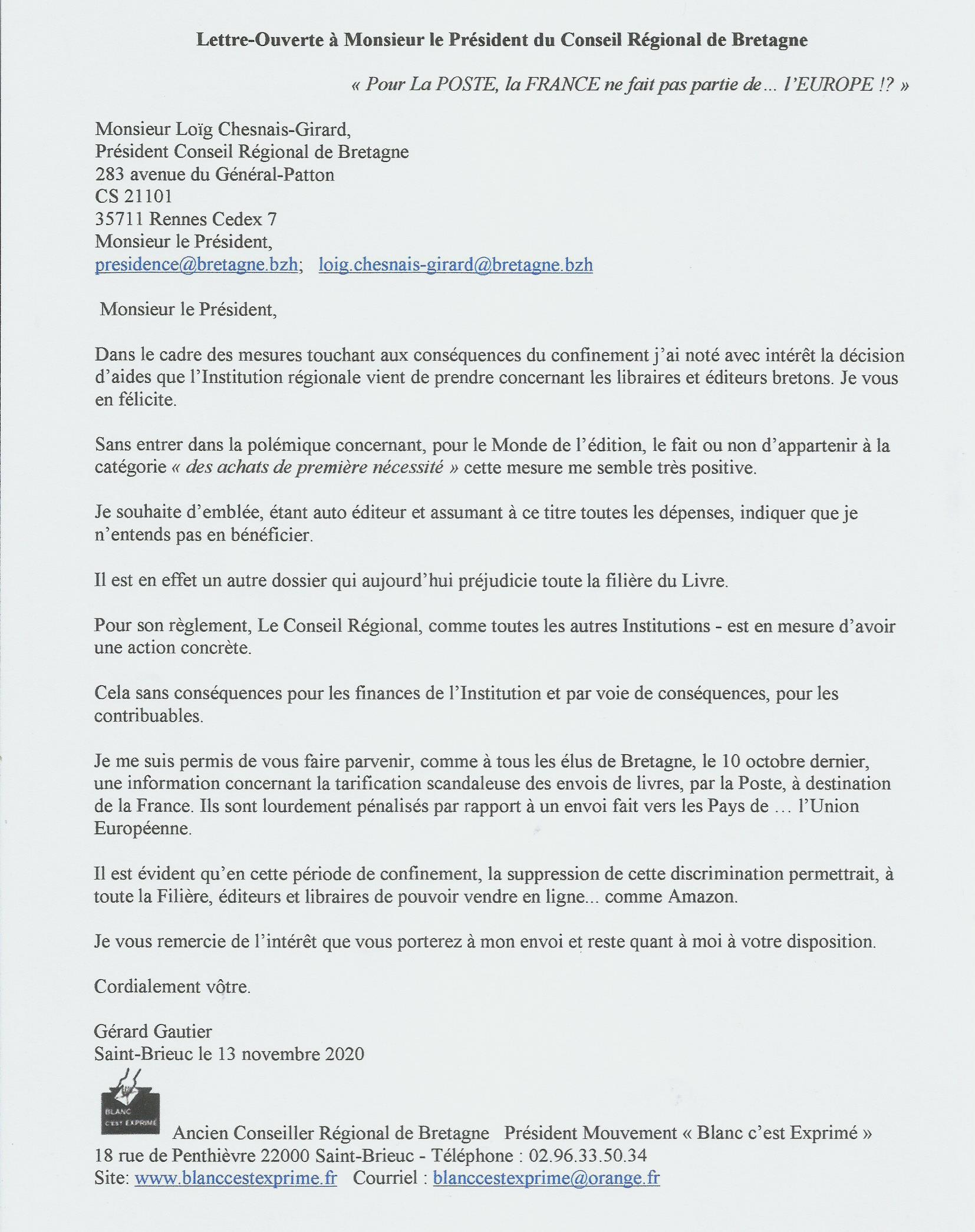ECHARPE LA POSTE 2020 Lettre Président C R Bretagne